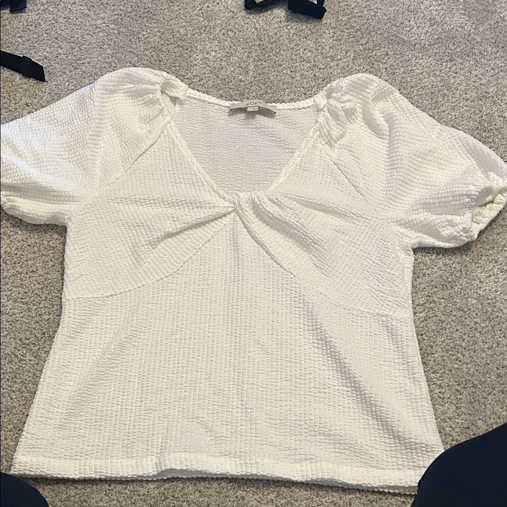 LOFT White Waffle Puff Sleeve Top